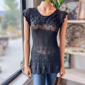 MONORENO, Y2K Black Crocheted Top w Scalloped Accents Whimsigoth Women's Medium